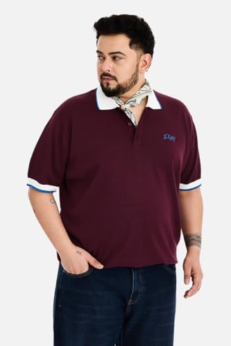 Image of SNITCH Men Polo Plus Size T-Shirt | Knitted Solid Polo with Contrast Tipped Collar & Logo Embroidery | 100% Cotton Breathable Lightweight Smart Casual Wear