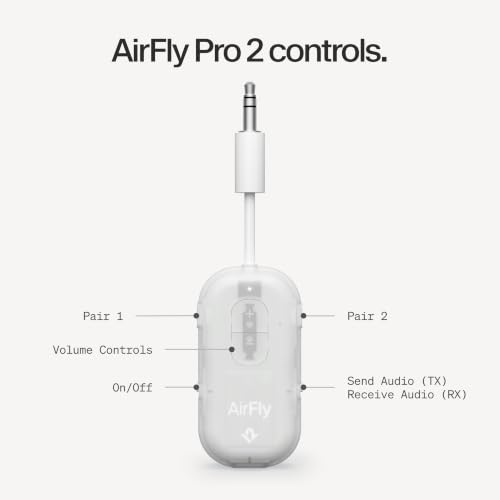Image of AirFly Pro 2 - Bluetooth Adapter for Airplane, Pair 2 AirPods or Wireless Headphones - 3.5mm AUX Bluetooth Transmitter for Cars, Boats, Treadmills, TVs- Airplane Travel Essentials, Glacial White