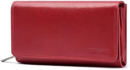 Frentree® Damen Geldbörse aus echtem Nappaleder, großes Leder Portemonnaie mit RFID-Schutz, weiches Echtleder Portmonee, viele Fächer, Rot