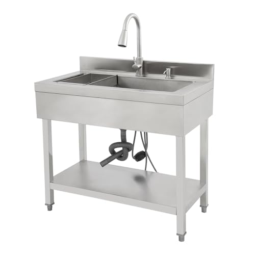 Fregadero de cocina de acero inoxidable independiente, 1 lavabo, fregadero de cocina comercial con grifo con mangueras de agua fría y caliente, fregadero para exteriores, para garaje, lavandería