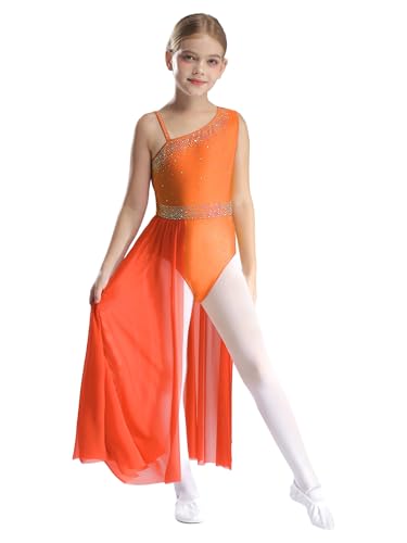 inlzdz Kids Girls Asymmetrical Shoulder Lyrical Modern Dance Dress Gymnastics Figure Skating Mesh Skirted Leotard Orange 11-12 Years