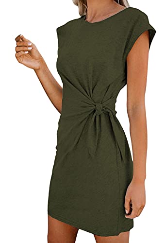 Pink Wind Women's Tie Waist Mini T-Shirt Dress Soft Summer Classy Round Neck Solid Ruched Short Dress Army Green S