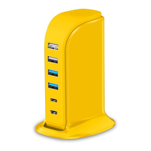 45W USB Charging Station, 6-Port Hub with 4 USB-A & 2 USB-C Ports, 5ft Cable, Yellow