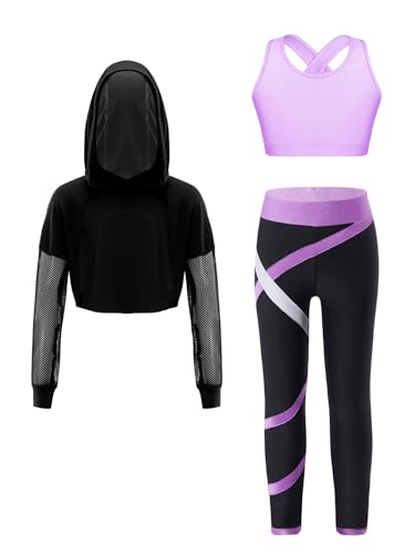 ranrann - ranrann Enfant Fille Ensemble Sport Fitness Yoga Gym Débardeur Legging Sweat à Capuche Tenue Sport 5-16 Ans Lavande 9-10 ans