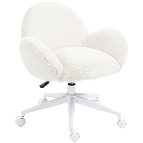 HOMCOM Fluffy Leisure Chair Office Chair with Backrest and Armrest for Home Bedroom Living Room with Wheels Cream White