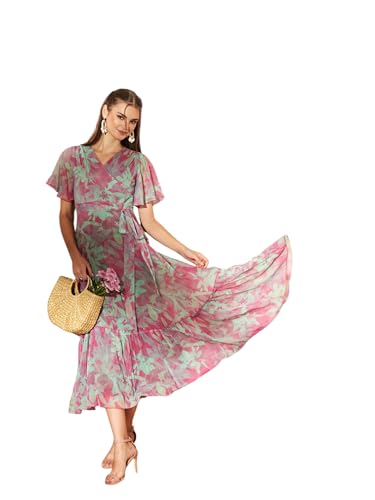 Image of Miss Chase Women's Floral V-Neck Flutter Sleeve Wrap Chiffon Maxi Dress