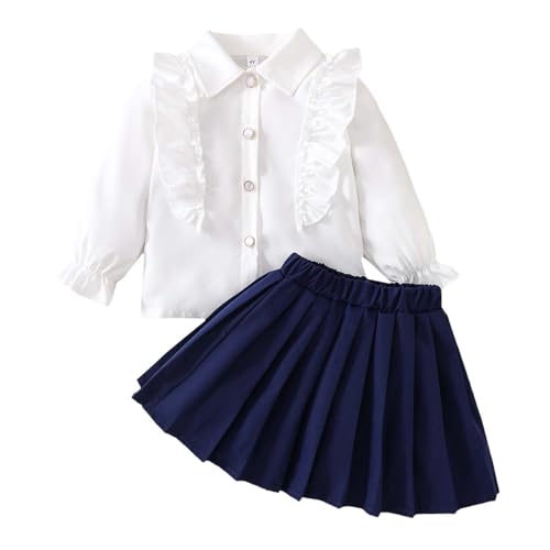 Girls Long Sleeve Lace Trim Top and Pleated Skirt Two Piece Outfit School Style Toddler Kids Clothing Set
