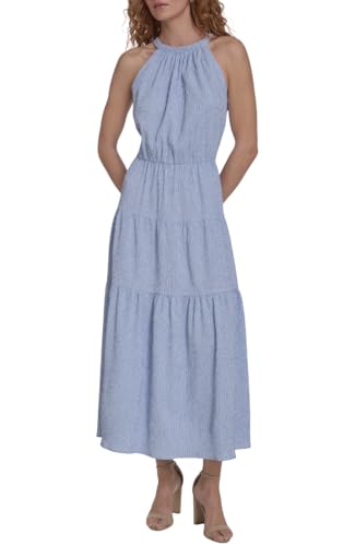 Image of Tommy Hilfiger Women's Sleeveless Halter Neck Seersucker Tiered Skirt Maxi Dress