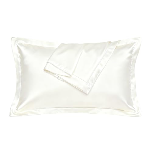Funda de almohada de seda de morera de 50 x 70 cm, 22 Momme para almohada de lujo blanco con solapa, hipoalergénica, antiencrespamiento, cuidado de la piel y el cabello, piel sensible, verano/invierno