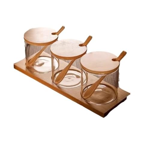 NFASHIONSO Wooden Condiment Set,Includes Premium Solid Bamboo Wood Tray and 3 Glass Seasoning Boxes and Spoons Cover