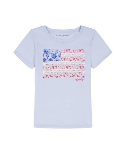 Lucky Brand Girls Short Sleeve Graphic T-Shirt Tagless Cotton Tee with Fun Designs Heather Crafted Flag 8-10