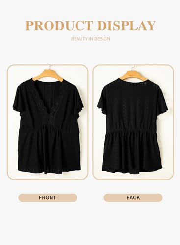 Eytino Womens Plus Size Tops Lace Crochet V Neck Short Sleeve Eyelet Blouse Loose Casual Summer Peplum Shirts(1X-5X)4