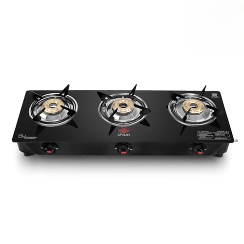 Image of 3 Burner Automatic Gas Stove | Black Crystal Glass Top | Auto Ignition | ISI Certified | High Efficiency Burners | Durable & Easy Clean | Modern Kitchen Gas Stove