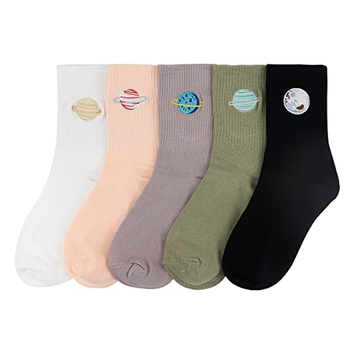 LCJAOF 5 Pairs Women’s Cotton Planet Socks - Fashionable Mid-Tube Embroidered Crew Socks for Women, Girls Daily Casual Comfort
