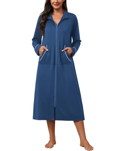 Image of Ekouaer Zipper Robes for Women Long Sleeve Lightweight House Coats with Pockets Zip Up Bathrobe Loungewear S-3XL