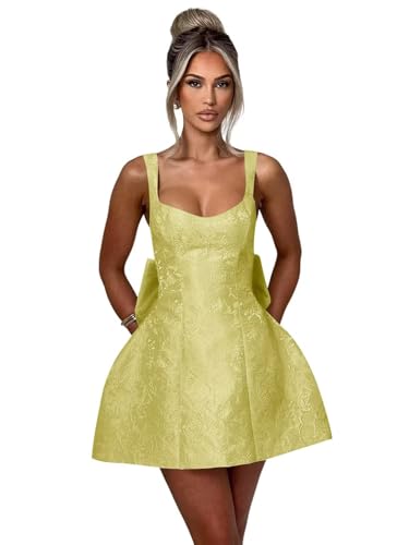 Image of Plus Size Satin Short Homecoming Dresses for Teens A Line Yellow Spaghetti Straps V Neck Lace Up Mini Prom Party Gown with Bow 2025 US16W