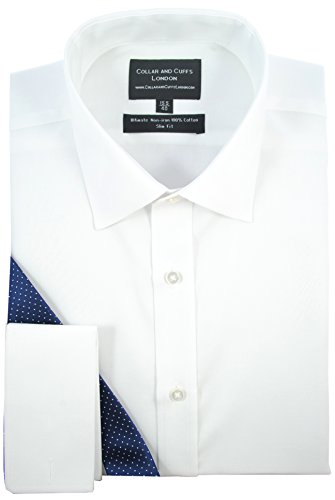 COLLAR AND CUFFS LONDON - Non-Iron - Premium 100% Pure Cotton - Fit Guaranteed - Twill Fabric - Men's Shirt - Long Sleeve - White - Slim Fit, Double Cuff - Plain Pattern - WS 18