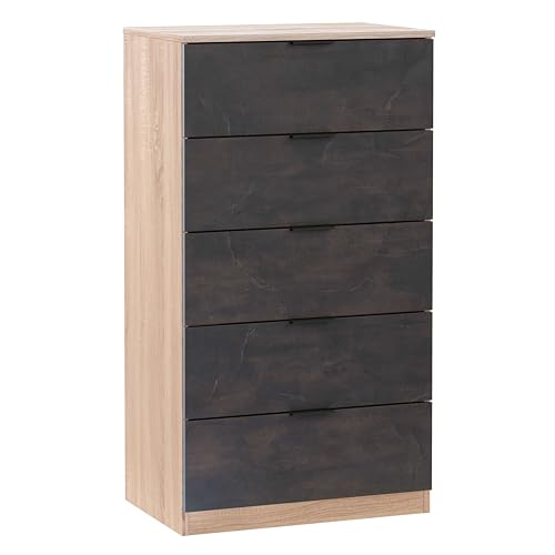 Habitdesign Modèle Alaya Commode 5 tiroirs / chiffonnier 110 x 60 x 40 cm Couleur chêne canadien et rouille