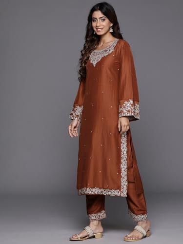 Image of Women's Embroidered Silk Blend Kurta & Trousers With Dupatta | Ethnic Kurta Sets for Women | Straight Kurta Sets & Trousers With Dupatta
