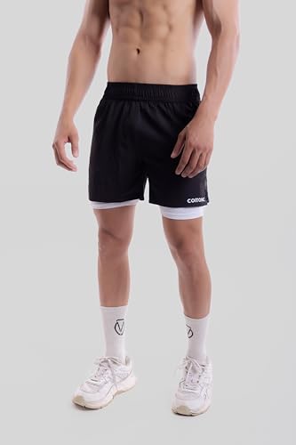 Image of COITONIC 2 in 1 Active Dual Black Shorts with Inner Tights Layer | Men's Double Layer Short for Running, Gym & Sports