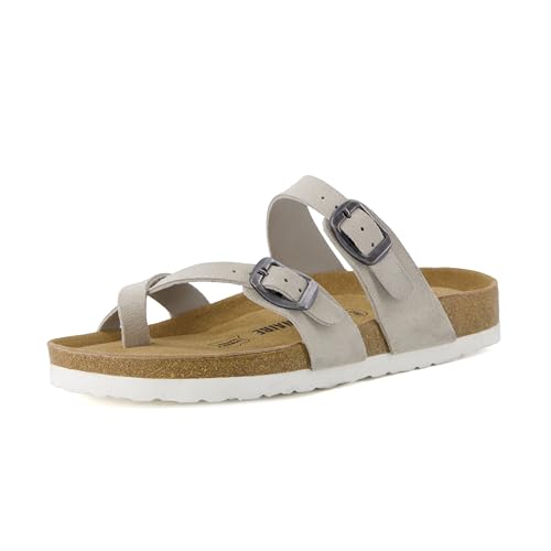 CUSHIONAIRE Lucky 100% Genuine Leather Suede Womens Sandals, Comfortable Cork Footbed Slides for Women with Adjustable Buckles, STONE 8W by CUSHIONAIRE - Used condition - Image 9
