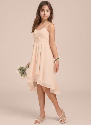 dideyttawl Short Junior Bridesmaid Dresses Pleated Chiffon Hi-Lo Flower Girls Dress Spaghetti Straps Flowy Gown 25043