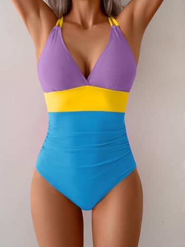Image of Aidonger Women's One Piece Color Block Swimsuit Tummy Control Slimming Bathing Suit V Neck Cutout High Waisted Swimwear