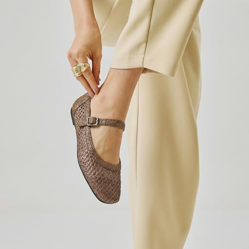 Image of Trary Mary Jane Shoes Women Woven Flats for Women Dressy Ballet Flats Squared Toe Mary Jane Flats Shoes