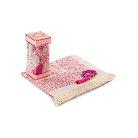 Muslim Prayer Rug and Prayer Beads with Elegant Gift Box | Janamaz | Sajadah | Soft Islamic Prayer Rug | Islamic Gifts Set | Prayer Carpet Mat, Taffeta Fabric, Pink Cover