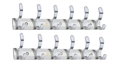 Image of Heavy Duty S Type Stainless Steel Cloth Hanger Suitable for Bathroom Bedroom Kitchen Wall Hook Rail Hanging Scarf Coat Keys Tie Towel Door Robe (Pack of 2, 6 Pin Silver)