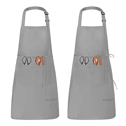 MOLENKY Delantal de Cocina de Poliéster(2 Piezas), con Tira de Cuello Ajustable y 2 Bolsillos, Delantal Chefs Cocina para Cocinar/Hornear