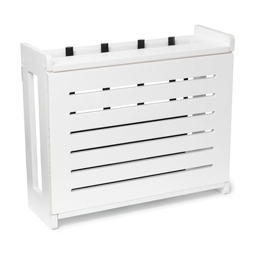 Wooden WiFi Router Storage Box - Standard Wall Mountable Decorative Modem Shelf Hider Cover with Cable Management System - Rustic Home Organization Solution for Most Routers Up To 11' Tall - White