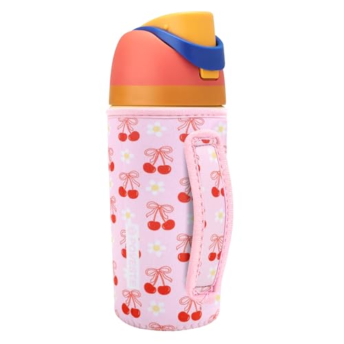Image of Water Bottle Sleeve with Handle for Owala Kids FreeSip 16 oz, Water Bottle Scratch Resistant Sleeve, Neoprene Cover Compatible with Owala 16 oz for Boys Girls to School Travel (Cherry Bomb)
