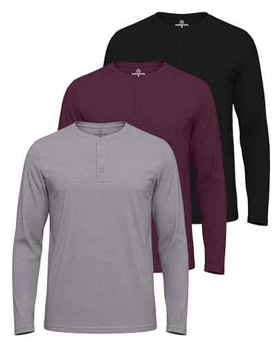 Image of Real Essentials 3 Pack: Mens Casual Long & Short Sleeve Cotton Henley Lightweight Button T-Shirt, Long Sleeve - Set