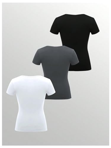 GORGLITTER Women's 3 Pack Ribbed Knit Textured Henley Shirt Sets V Neck Half Button Scoop Neck Short Sleeve Tee Tops2