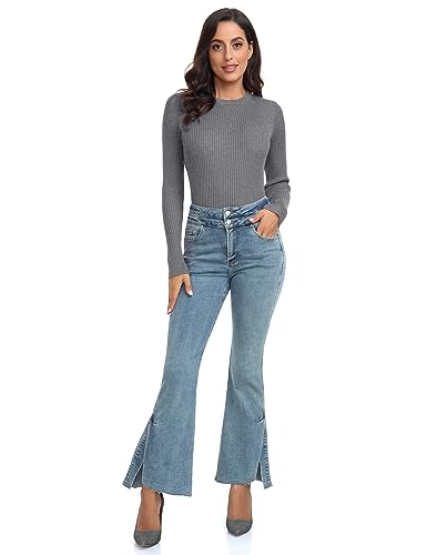 Image of Rocorose Womens Long Sleeve Tops Business Casual Crewneck Sweater 2024 Fall Knit Fitted Shirts