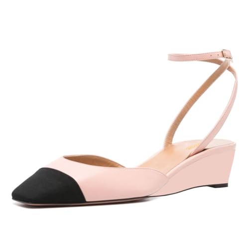 Zszszsu Women's Closed Square Cap Toe Pumps Low Wedge Heels with Buckle Ankle Strap D'Orsay Backless Sandals Shoes Size 4-16 US