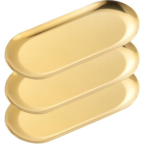 3 Pack Gold Trays for Decor, Stainless Steel Decorative Tray, Small Vanity Tray for Bathroom, Elegant Jewelry Tray for Holding Perfume, Keys, Wallet, Business Cards, Candle, Oval