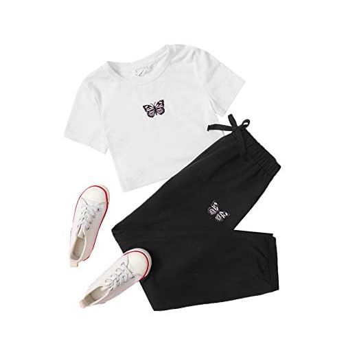 Romwe Girl's 2 Pieces Outfit Butterfly Print Crop Tops and Pant Set Clothing Set Black and White 10Y