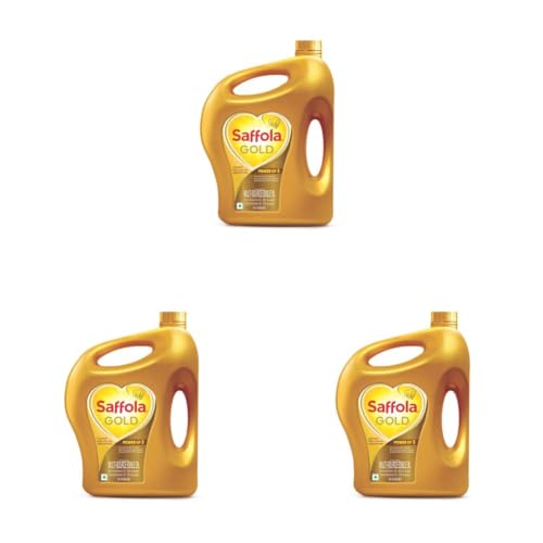 Image of Saffola Gold Refined Cooking oil | Power of 3 - Balance of Good Fats, Triple Anti-Oxidant System & Fortified with Vitamins | Multi-Source Edible Rice Bran & Sunflower Oil | 3.64kg Jar (Pack of 3)