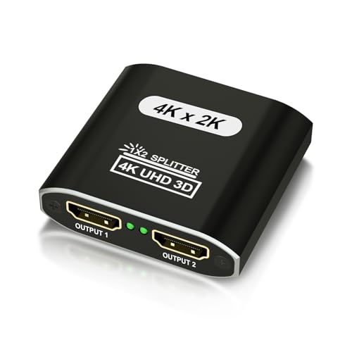HDM I Splitter 1 en 2 Salidas, Divisor HDM 4K@30Hz para Monitores Dobles, Divisor HDM I de Aluminio Alimentado para Pantalla Espejo, Duplicador 1x2 Soporta 3D HD 1080P para Fire Stick Xbox PS Roku Rec