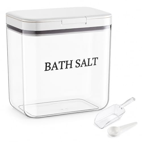 Yomjarl 2L Salt Container,Bath Salt Container With Scoop Set,Plastic Salt Cellar Dispenser Jar,Candy Laundry Spoon With Lid Storage,Clear Cookie Holder,Airtight Cute Bathroom Pods Box Clear-White