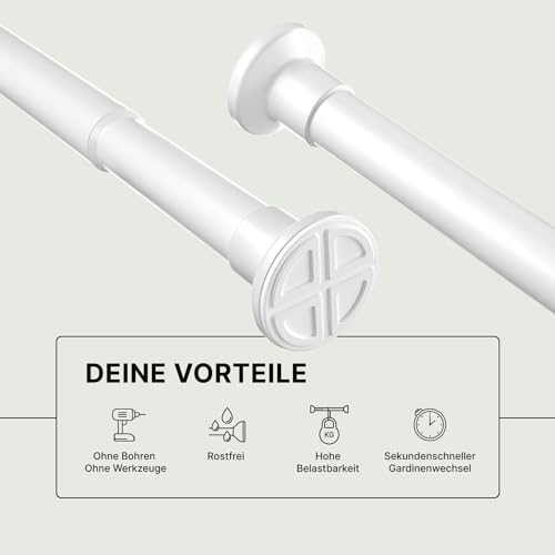 MEISENBERG Gardinenstange ohne Bohren - Weiß, Ø 25 mm - Teleskopstange Vorhang - Duschstange zum Klemmen - Klemmstange für Fenster, Raumteiler und Küche (70-120cm)