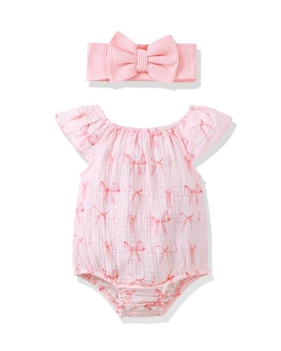 Image of Renotemy Preemie Newborn Baby Girl Clothes Infant Cotton Linen Romper Summer Outfit for Girls Ruffle Sleeve Bodysuit Jumpsuit