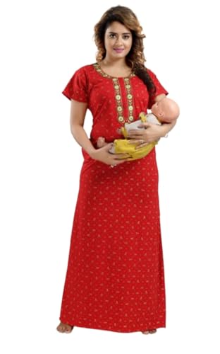 Image of Onekbhalo Women's- Full Sleeves-Feeding- Nursing- Maternity Nighty /Maxi /Gown /Nightdress /Nightwear- Hosiery Cotton Fabric- Floral Print- Embroidery with Zip