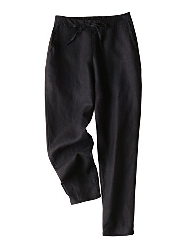 IXIMO Women's Tapered Pants 100% Linen Drawstring Back Elastic Waist Pants Trousers with Pockets Black M