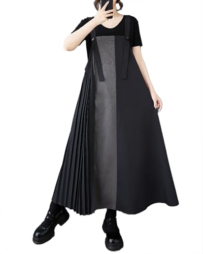 ellazhu Women's Dress Squareneck Sleeveless Pleats Patchwork Color Block Adjustable Strap with Pocket GZ499