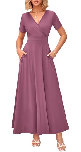Image of WNEEDU Women's Summer Maxi Dress Short Sleeves Wrap V Neck Long Dresses with Pockets