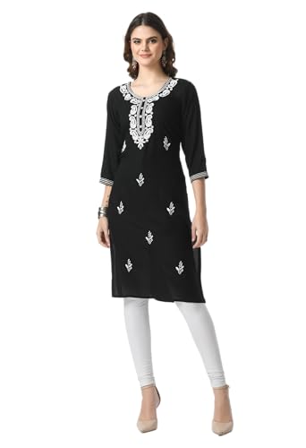 Image of LIBOZA Kurta for Women - Lakhnowi Chikankari Embroidered Ladies Kurti, Stylish Girls Top, Ethnic Full Kurtas, Straight Design Kurtis for Woman