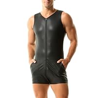 QiaTi Herren ärmellose kurze Hose Leotard Zip Strumpfhose Kunstleder Bodysuit mit 2 Taschen für Casual Club